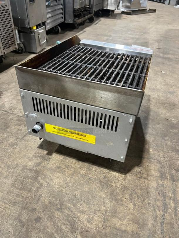 Admiral Craft 16" stainless steel char broiler, model ECTC16NG, with cast iron grates. Natural gas powered, on legs.