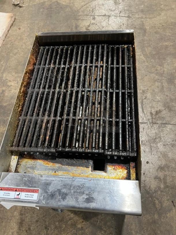 Admiral Craft 16" stainless steel char broiler with cast iron grates, model ECTC16NG, showing wear, on legs.