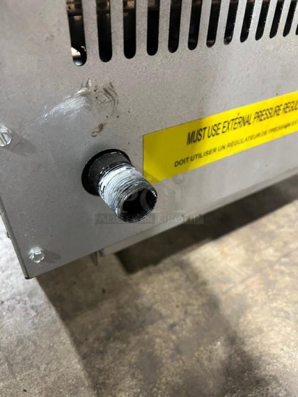 Admiral Craft stainless steel char broiler, Model ECTC16NG, gas connector detail, used condition.