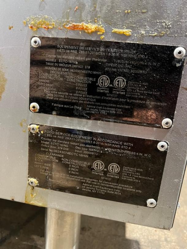 Admiral Craft 16" Char Broiler, Model ECTC16NG, stainless steel, natural gas, with cast iron grates, serial 06243074ECTC16HW.