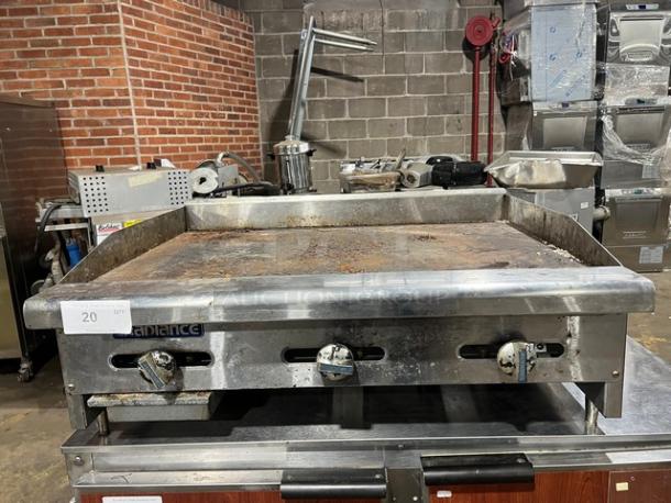 Radiance TAMG36 stainless steel gas countertop flat griddle with back and side splash, three controls, used condition.