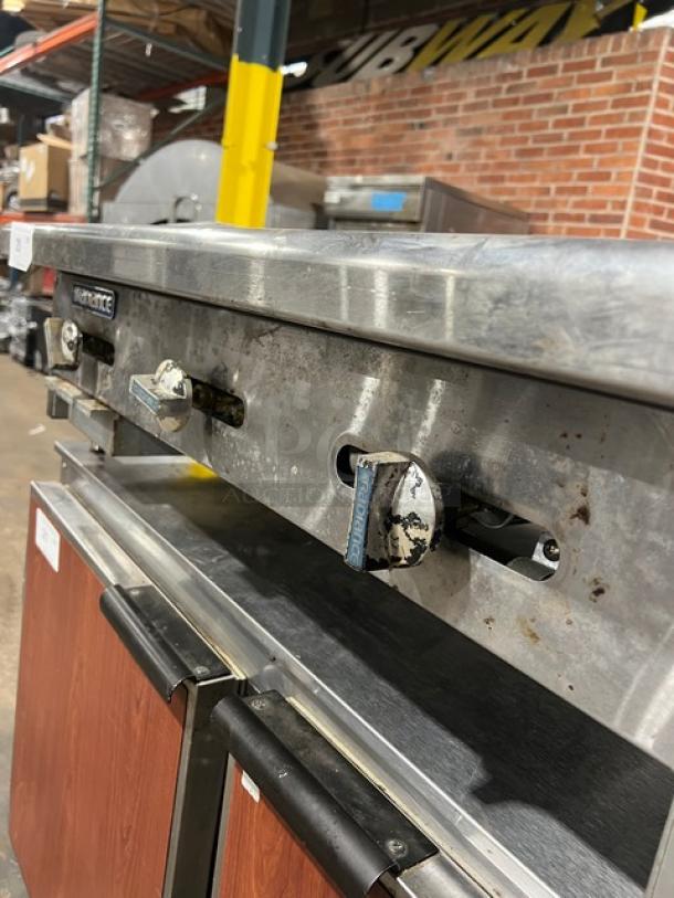 Radiance TAMG-36 stainless steel countertop gas griddle with back and side splash, commercial use, worn controls, SN: G317050020.