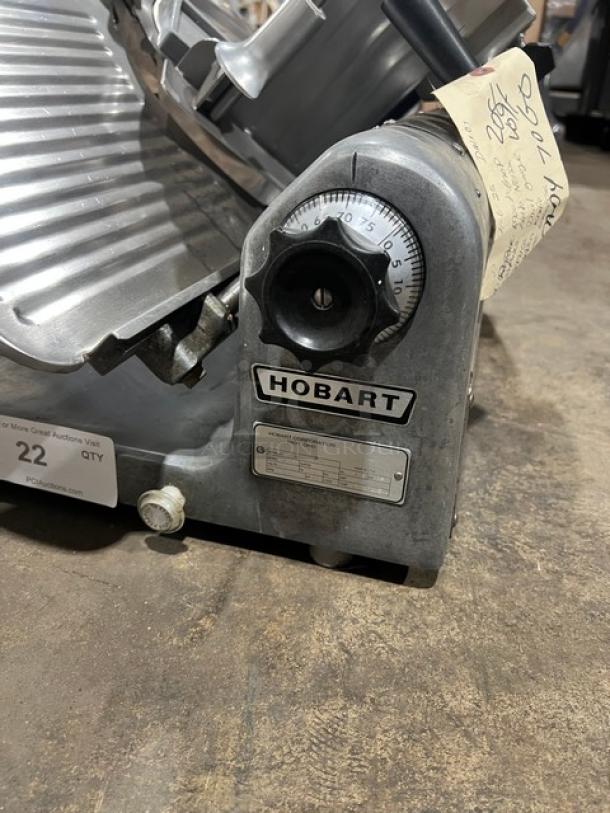 Hobart 1612E Commercial Electric Meat Slicer, countertop model, stainless steel, visible adjustable knob, 220/240V, pre-owned.