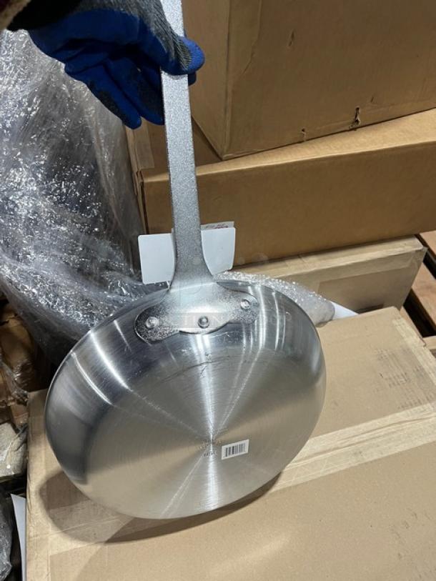 Adcraft H3-14FP aluminum frying pan with riveted plated iron handle, new condition, barcode label visible on base.