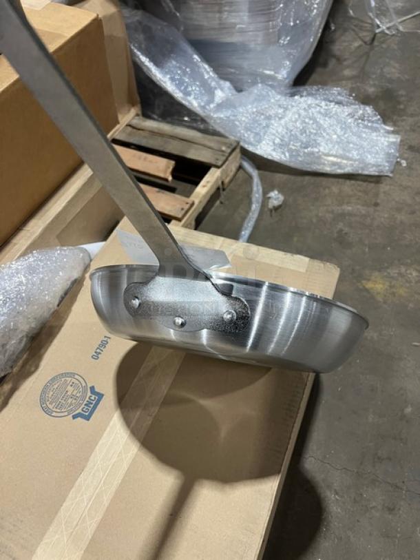 Adcraft H3-14FP aluminum frying pan with riveted plated iron handle, in excellent condition, shown on packaging box.