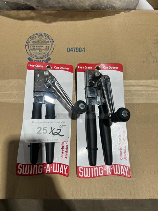Swing-A-Way Commercial Easy Crank Can Opener, new in packaging, set of two. Durable stainless steel, ergonomic handles.