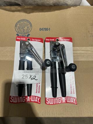 Swing-A-Way Commercial Easy Crank Can Opener, new in packaging, set of two. Durable stainless steel, ergonomic handles.