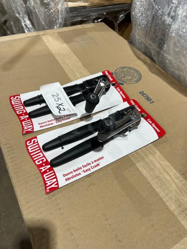 Swing-A-Way Commercial Easy Crank Can Opener in packaging, new condition, black handles, model details on red card.
