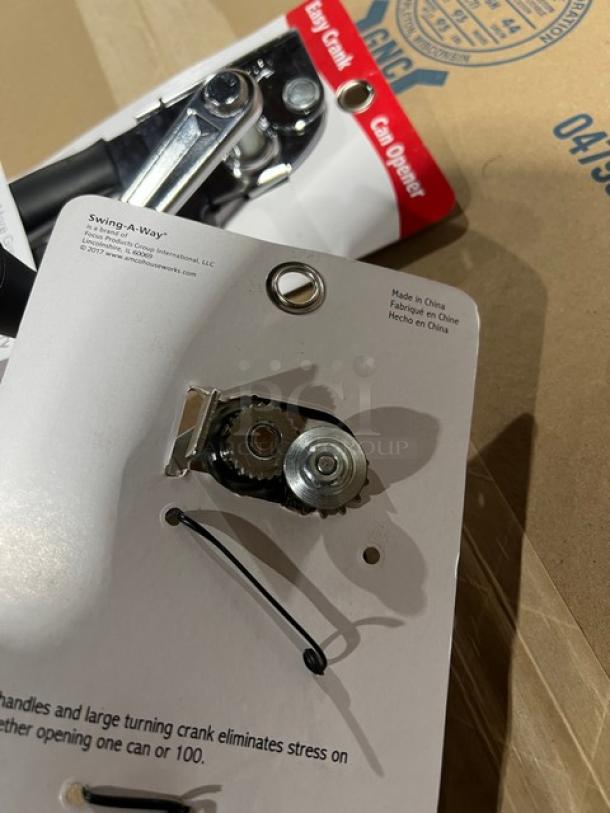 Swing-A-Way Commercial Easy Crank Can Opener in packaging, features large handles and turning crank, Made in China.