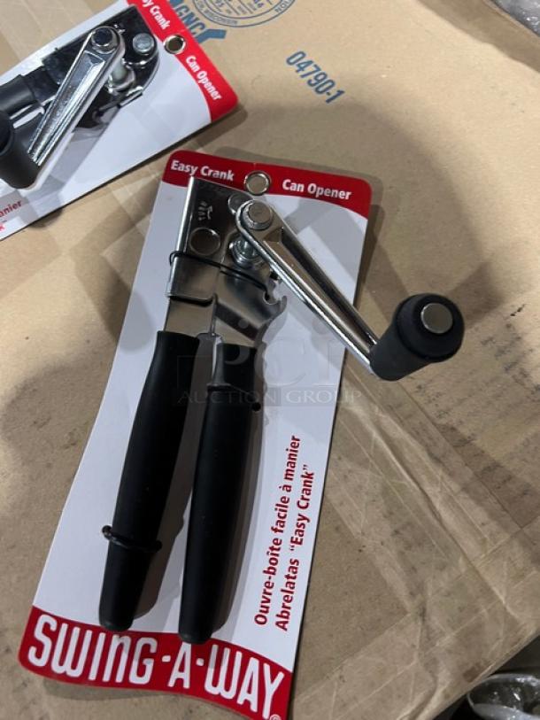 Swing-A-Way Easy Crank Can Opener in package, black handles, commercial grade, new condition, labeled for easy use.