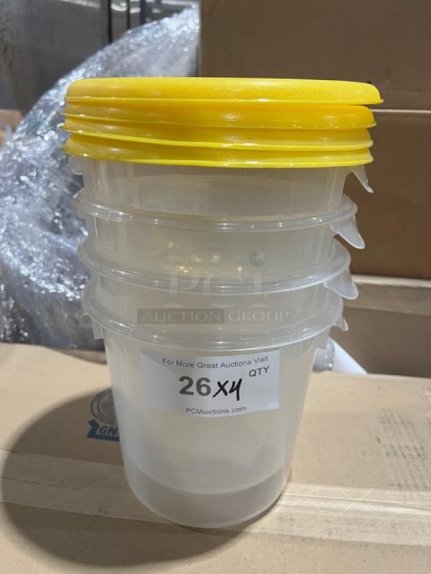 Rubbermaid Commercial 6 Qt. clear polycarbonate round food storage container with yellow lid, new condition, 4X your bid.