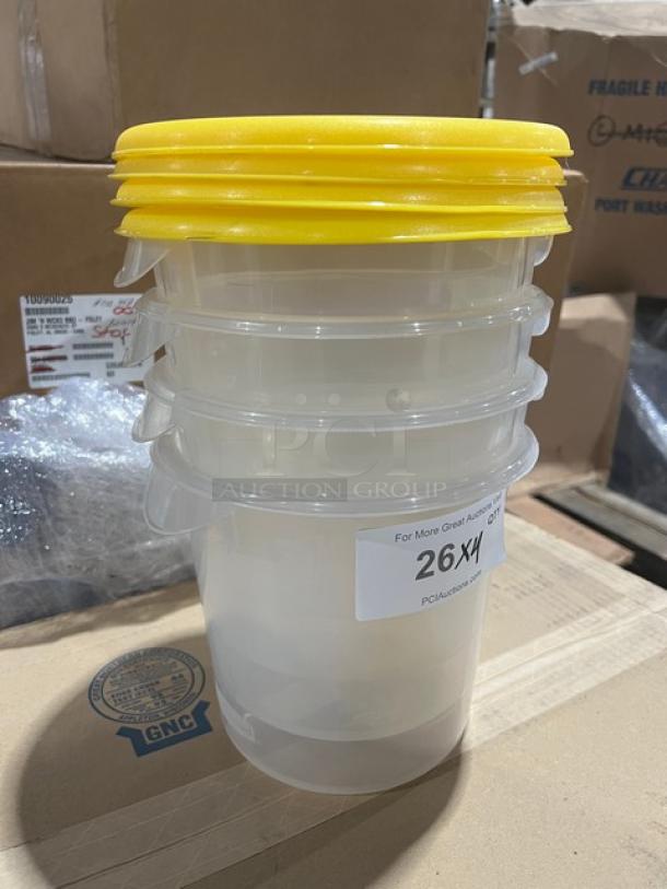 Rubbermaid Commercial 6 Qt. round clear polycarbonate food storage containers with yellow lids. New condition, 4x lot.