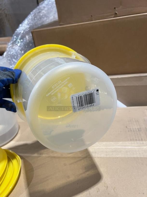 Rubbermaid Commercial 6 Qt. Clear Polycarbonate Food Storage Container with yellow lid, new condition, barcode visible.