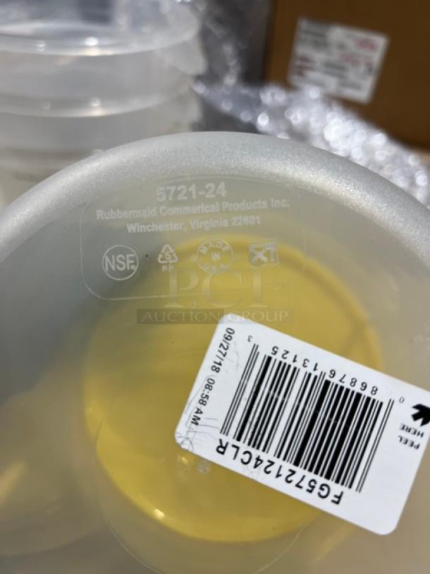 Rubbermaid Commercial 6 Qt clear polycarbonate storage container with yellow lid, NSF certified, new condition, label visible.