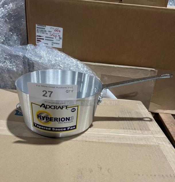 Adcraft Hyperion 3 Series 4 Qt. Aluminum Saucepan, Model H3TSP4, new condition with handle, branded label visible.