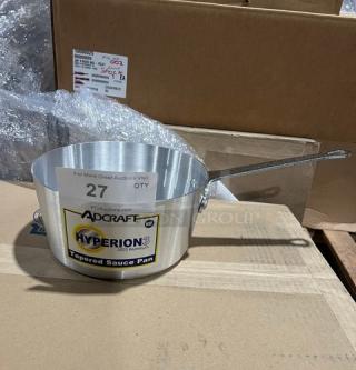 Adcraft Hyperion 3 Series 4 Qt. Aluminum Saucepan, Model H3TSP4, new condition with handle, branded label visible.