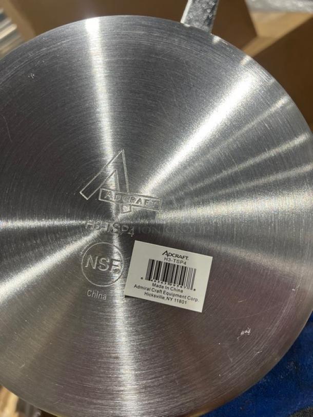 Adcraft Hyperion 3 Series 4 Qt. Aluminum Saucepan, Model H3TSP4. New condition. Markings show Adcraft logo, NSF, Made in China.