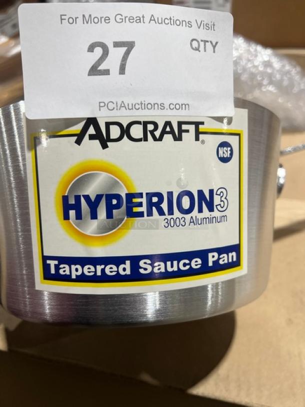 Adcraft Hyperion 3 Tapered Aluminum Saucepan, 4 Qt, Model H3TSP4, new condition with label showing brand and capacity.
