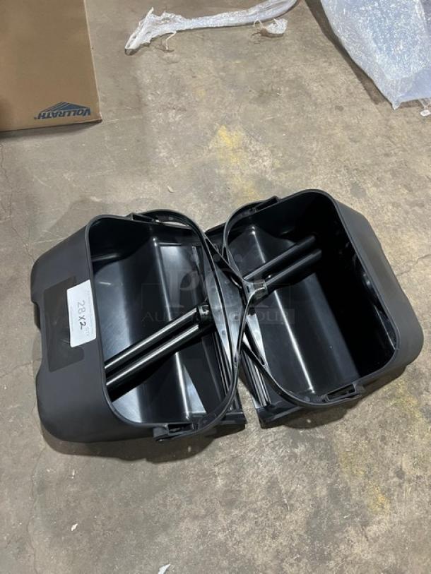 Rubbermaid Lobby Pro Series black upright dust pans with carrying case, shown in excellent condition.