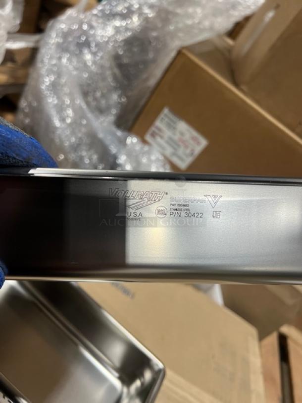 Vollrath SuperPan ¼-size stainless steel steamtable pan, 2.5” deep, anti-jam, model 30422, new condition with visible branding.