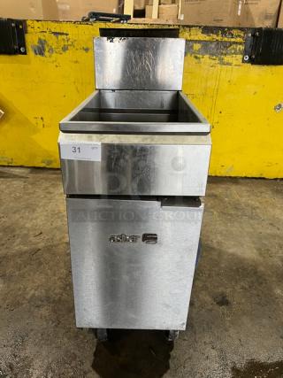 Asber AEF-4050-S-E-NG commercial stainless steel deep fat fryer, 40/50 lb capacity, natural gas powered, with backsplash, on casters.