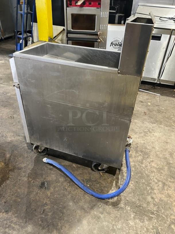 Asber commercial stainless steel natural gas fryer, model AEF4050SENG, 40/50 lb. capacity, with back splash, on casters.