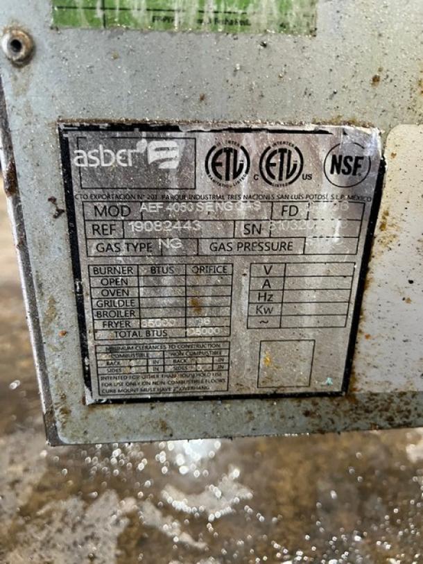 Asber AEF-4050-S-E-NG deep fat fryer label, showing ETL and NSF certifications, model, gas type, and BTU details.