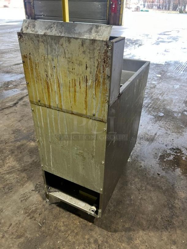 Asber stainless steel natural gas deep fat fryer, Model AEF-4050-S-E-NG, shows wear, includes back splash, on casters.