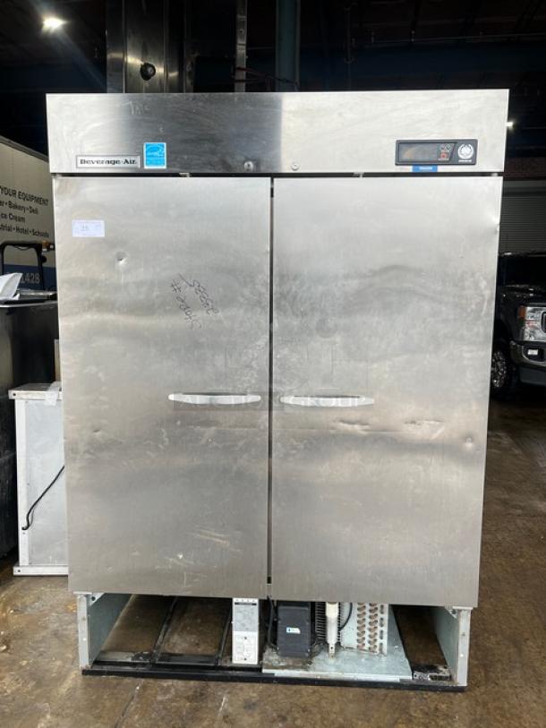 Beverage-Air stainless steel 2-door commercial freezer, model KF48-1AS, Energy Star certified. Visible exterior marks.