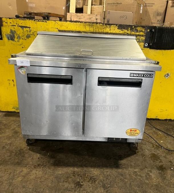 Maxx Cold 2-Door Stainless Steel Refrigerated Prep Table, Model MXCR48MHC, with poly-coated wire rack and casters, 115V.