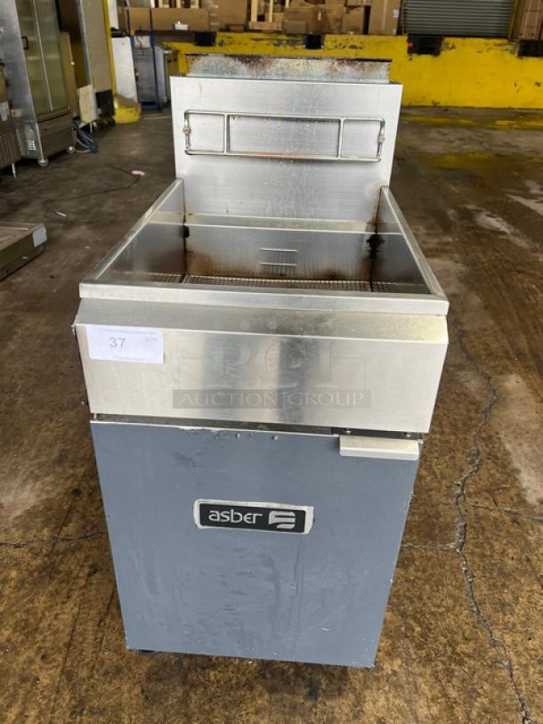 Asber AEF75NGGAS stainless steel gas fryer with backsplash, basket hanger, on casters; Model: AEF75NGGAS; SN: 8103184133.