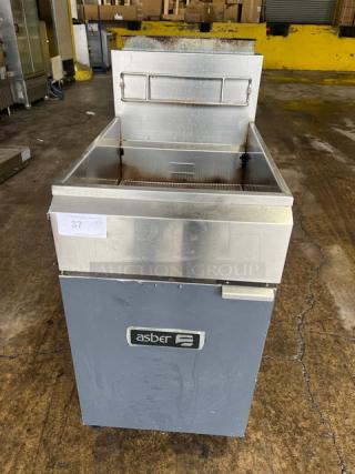 Asber AEF75NGGAS stainless steel gas fryer with backsplash, basket hanger, on casters; Model: AEF75NGGAS; SN: 8103184133.
