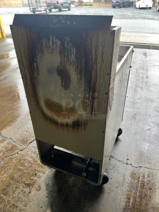 Asber AEF75NGGAS commercial stainless steel gas fryer with back splash, basket hanger, on casters, worn condition.