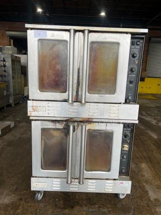 Patriot FMCOF54NG stainless steel double-stacked convection oven, natural gas, thermostatic controls, on casters, used condition.
