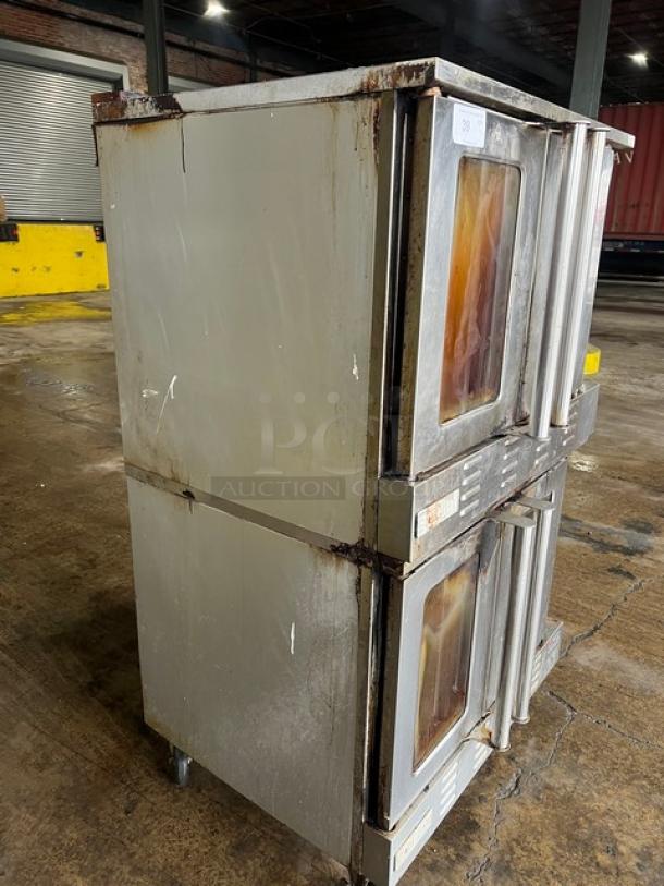Patriot FMCOF54NG double-stacked convection oven, natural gas, stainless steel, on casters, thermostatic controls, used.