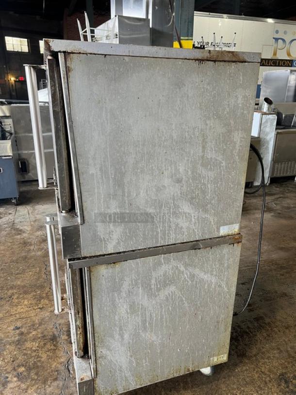 Patriot FMCOF54NG double stacked convection oven, stainless steel, worn exterior, natural gas, on casters, thermostatic controls.