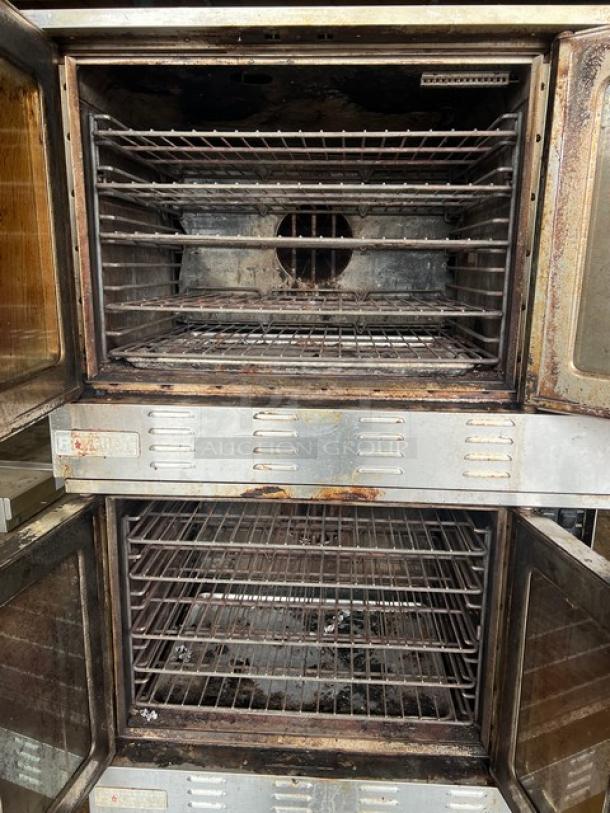 Patriot FMCOF54NG double-stacked convection oven, stainless steel, natural gas, thermostatic controls, on casters, used condition.