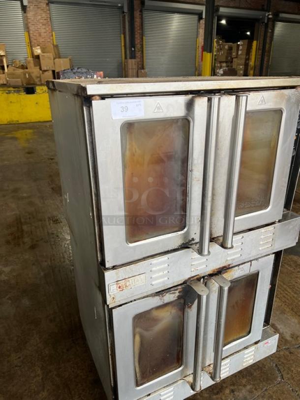 Patriot FMCOF54NG double-stacked convection oven, stainless steel, natural gas, thermostatic controls, on casters, model label visible.