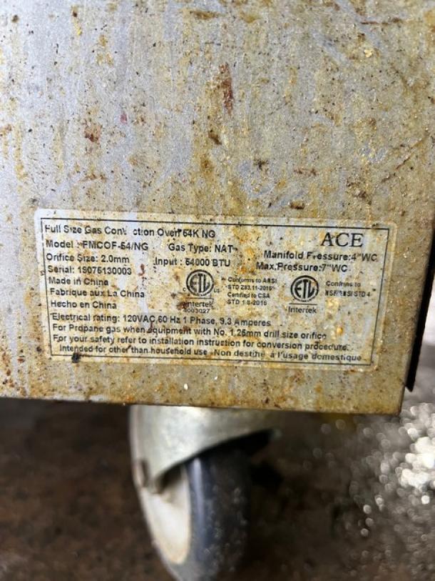 Patriot FMCOF54NG commercial convection oven, stainless steel, double-stacked, natural gas, on casters, serial 19075130003, made in China, ETL certified.