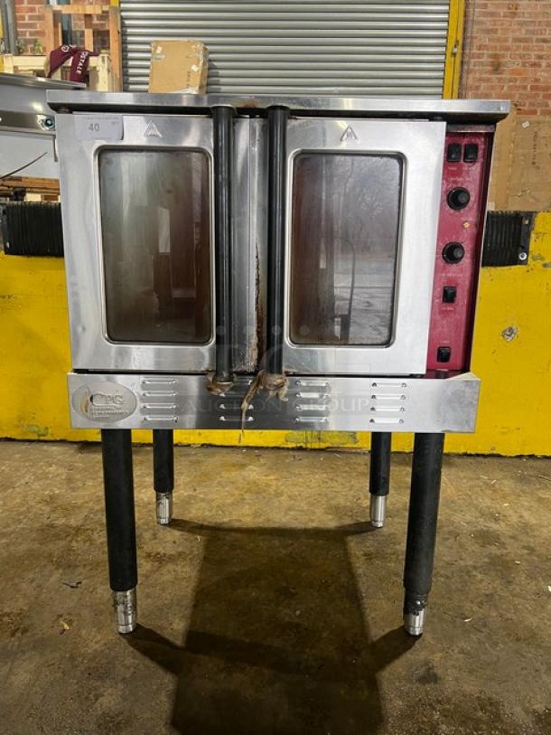 Cpg stainless steel gas convection oven, single stack, thermostatic controls, wired rack, on legs, visible wear.