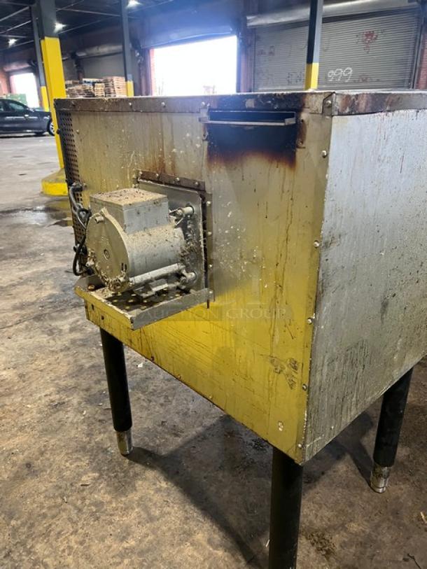 Cpg stainless steel gas convection oven, single stack, with thermostatic controls and wired rack, on legs, worn condition.