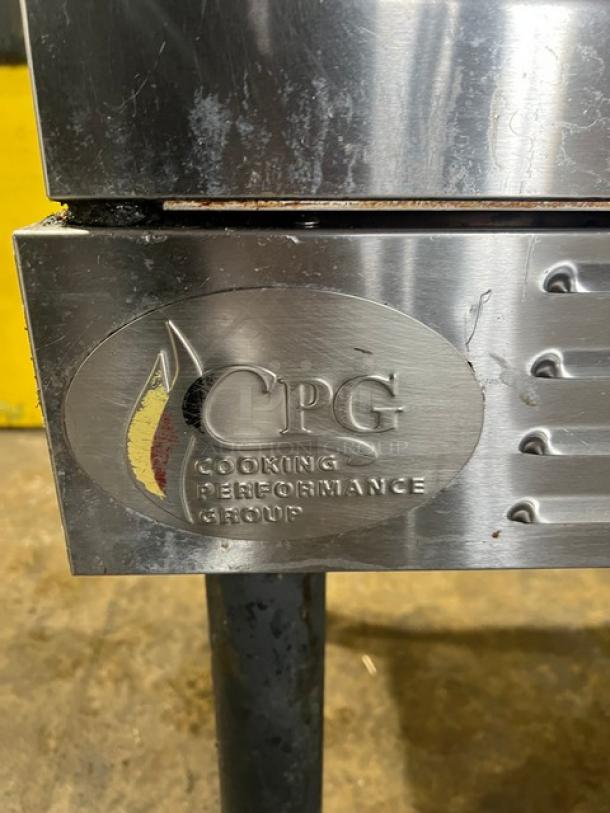 CPG commercial stainless steel gas convection oven with thermostatic controls, wired rack, and legs. Visible branding on the side.