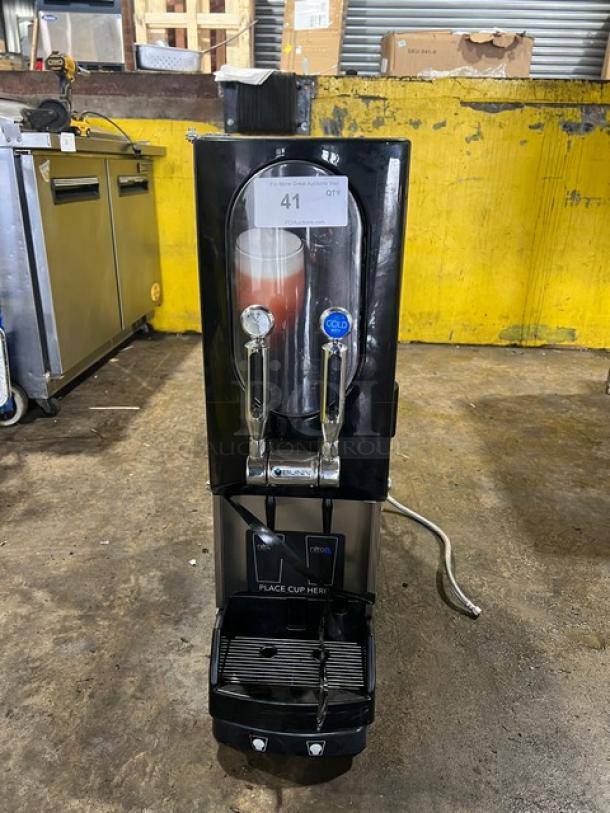 Bunn Nitron cold draft coffee dispenser, dual chrome taps for nitro and cold brew, model NITRONCTBASE, on legs.