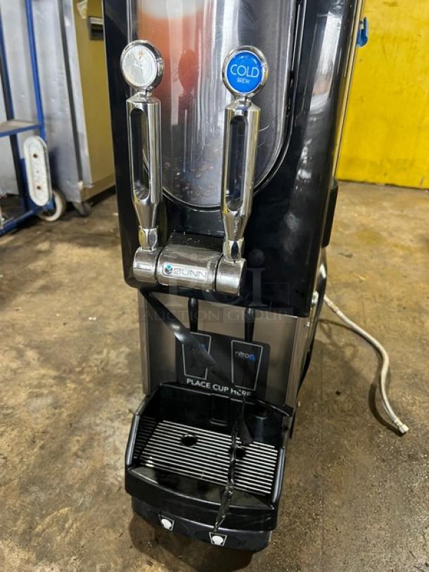 Bunn Nitron countertop coffee dispenser with dual nitro and cold brew chrome dispensers. Model NITRONCTBASE, 120V, on legs.