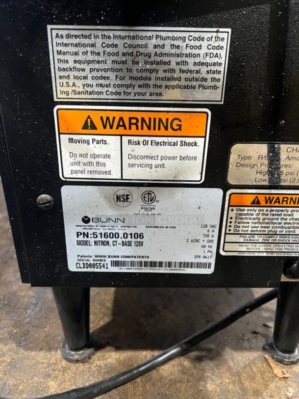 Bunn Nitron CT-Base coffee dispenser label showing model, serial number, and electrical warnings. 120V, 1 phase.
