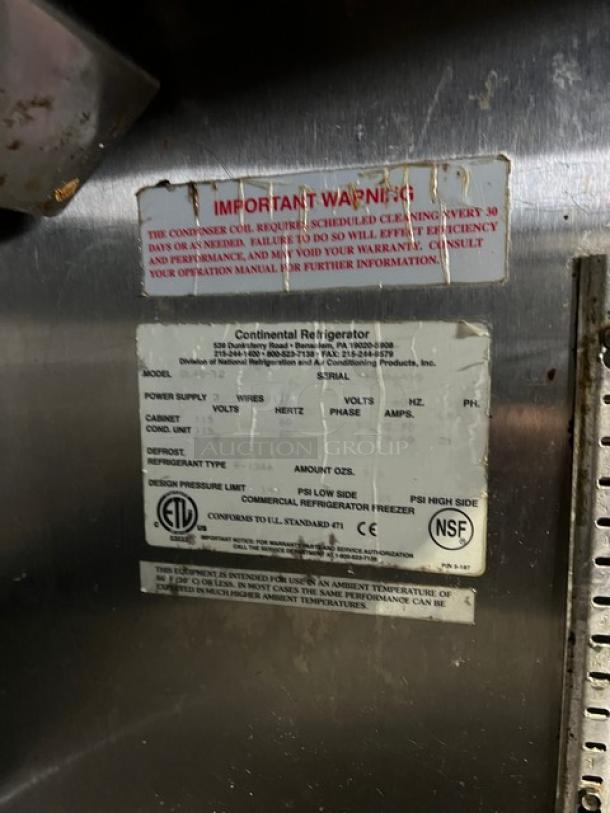 Continental Commercial Stainless Steel 2-Door Refrigerated Bain Marie Prep Table with visible labeling, 115V, on legs.