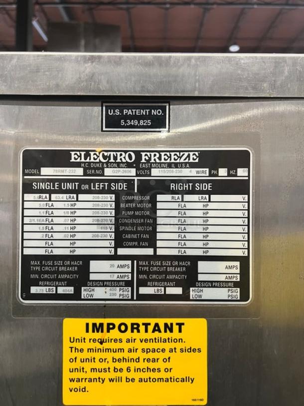 Electro Freeze 78RMT232 soft serve machine; stainless steel, single flavor, electric, 115/208-230V, 3-phase, on casters.