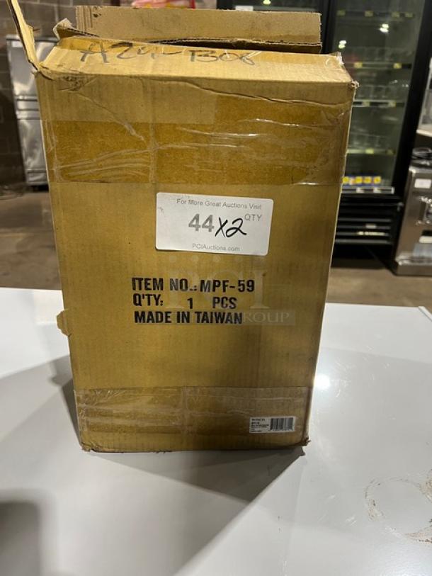 New Connoisseur commercial mesh round pasta basket with coated yellow grip handle in original packaging, item no. MPF-59.