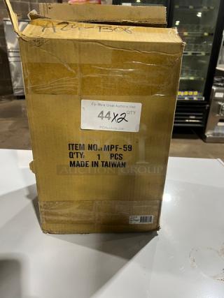 New Connoisseur commercial mesh round pasta basket with coated yellow grip handle in original packaging, item no. MPF-59.