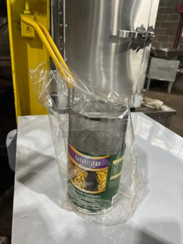 NEW Connoisseur Mesh Round Pasta Basket with coated yellow grip handle in packaging, perfect condition.